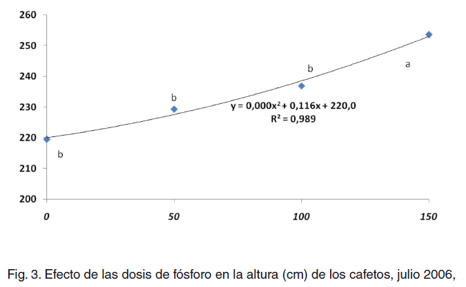 Fig. 3. Efecto de las dosis de fósforo en la altura (cm) de los cafetos, julio 2006