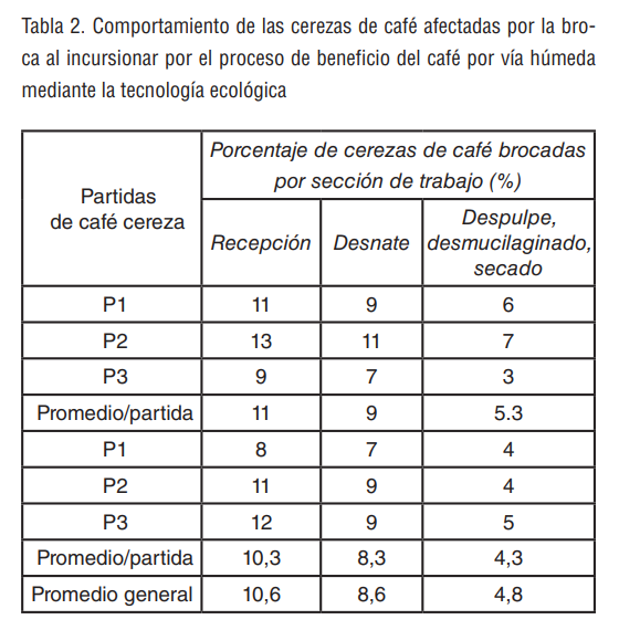 Tabla 2. Comportamiento de las cerezas de café afectadas por la broca al incursionar por el proceso de beneficio del café por vía húmeda  mediante la tecnología ecológica